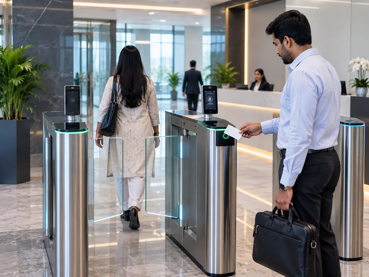 Office employee using an access card at a modern turnstile gate